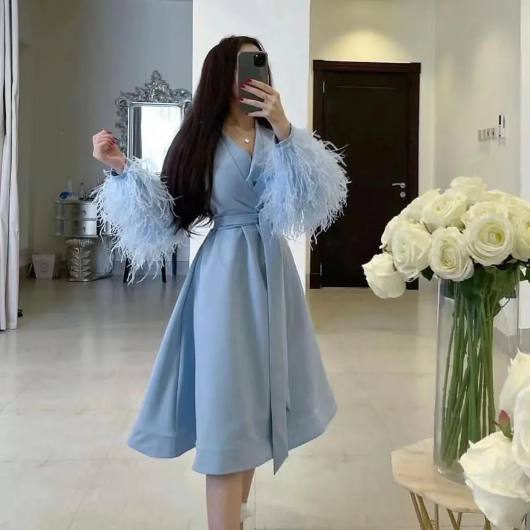 AsaNagi Summer Light Blue Feather V Neck Prom Dresses For Women 2023 Long Sleeve Vintage Fashion Party Midi Dress