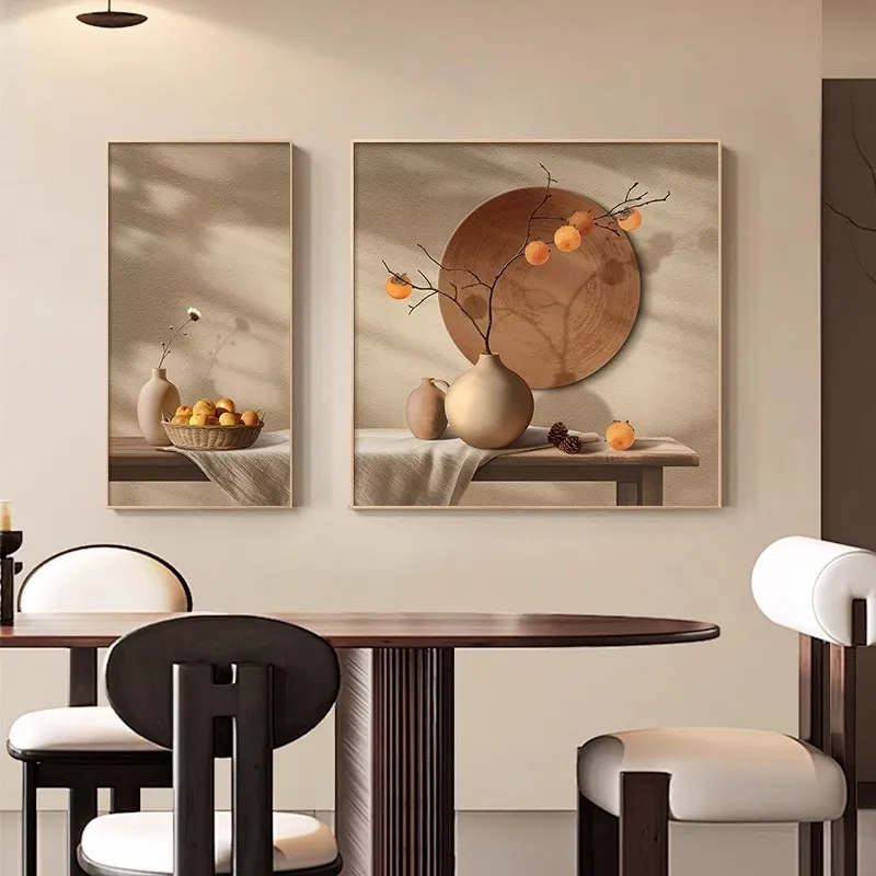 Persimmon Restaurant Decorative Paintings - Living Room Background Wall Hanging Art, Vase and Dining Table Combined Mural Art