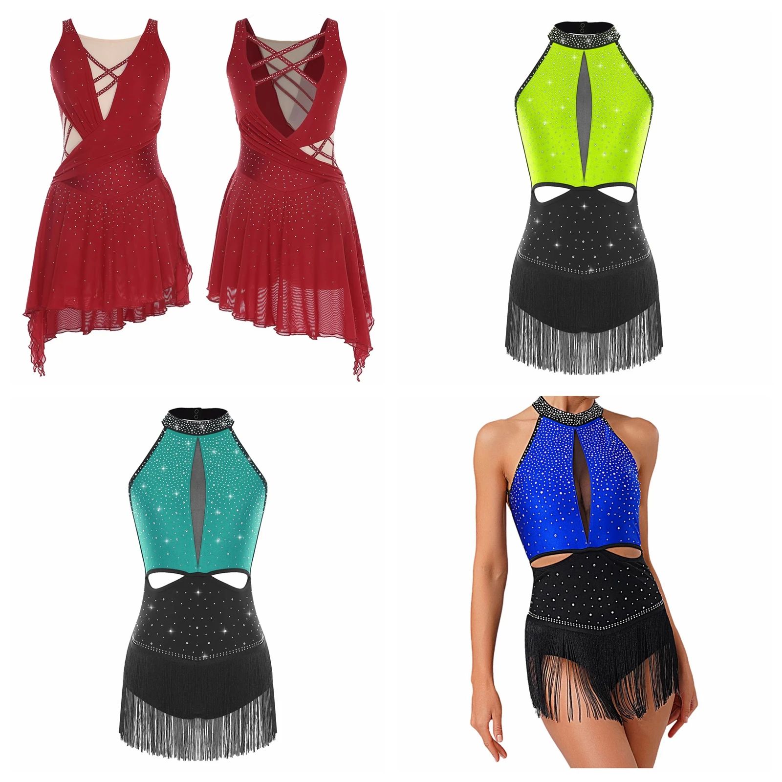 

Women Gymnastic Figure Skating Dress Rhinestone Lyrical Dance Dress Performance Ballet Latin Dance Leotard Dress Dancewear