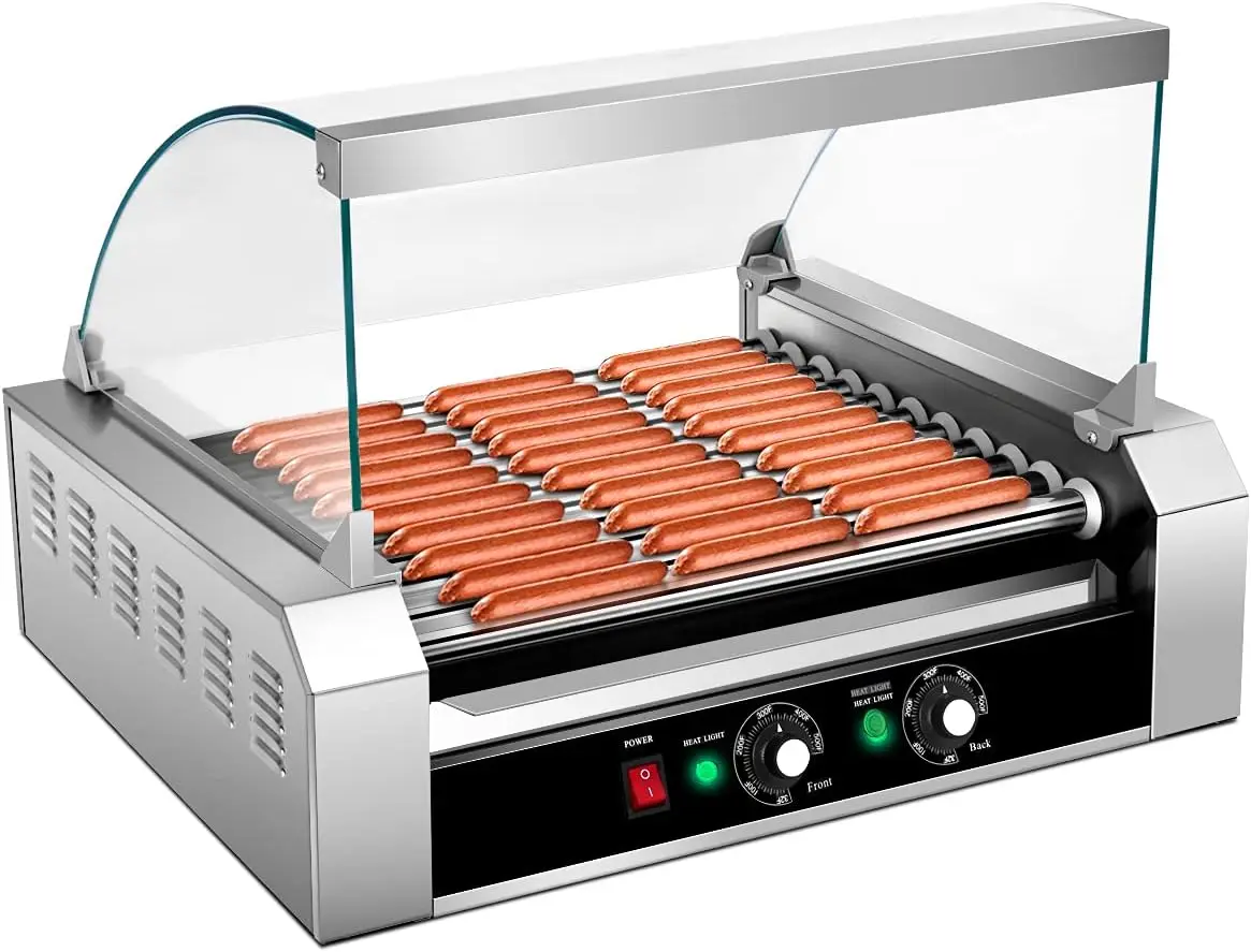 11 Non-Stick Rollers 30 Sausage Grill Cooker with Removable Stainless Steel Drip Tray and Glass Hood Cover, Commercial Household