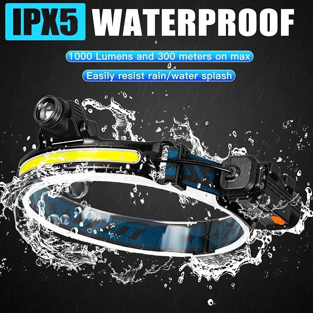 XPG+COB Zoom Induction Headlamp USB Rechargeable with 18650 Built-in Battery LED Head Torch Outdoor Camping Fishing Headlight