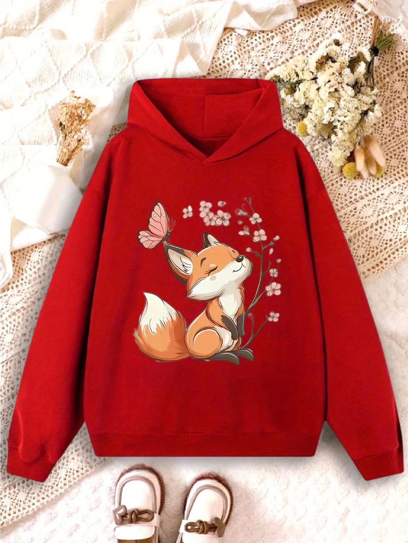 Cute Fox Butterfly Kids Hoodie Cherry Blossom Floral Chest Print Autumn Winter Fleece Warm Children Casual Hooded Sweatshirt
