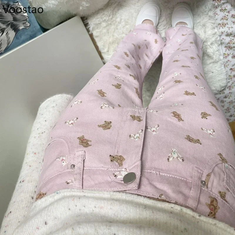 Pink Jeans Women Sweet Cute Cartoon Bear Print High Waist Wide Leg Pants Vintage Girls Casual Y2k Aesthetic Loose Denim Trousers