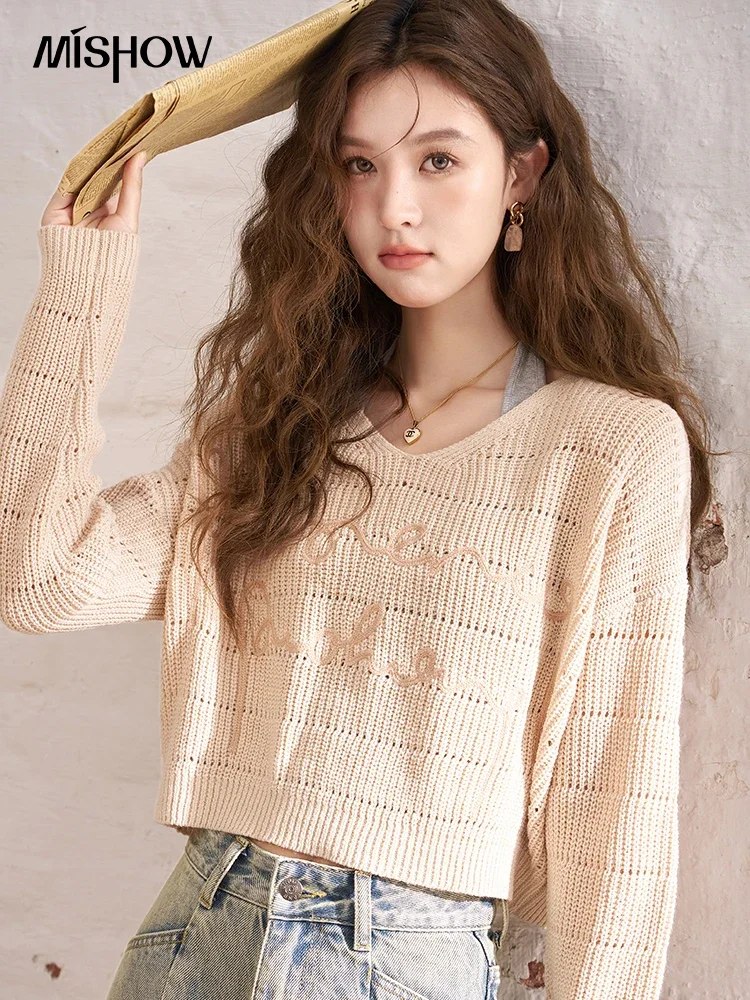 MISHOW Hollow Out V-neck Knitted Sweater for Women 2024 Spring Autumn Halter Vest Separately Knitwear Top 2 Piece Set MXD11Z0367