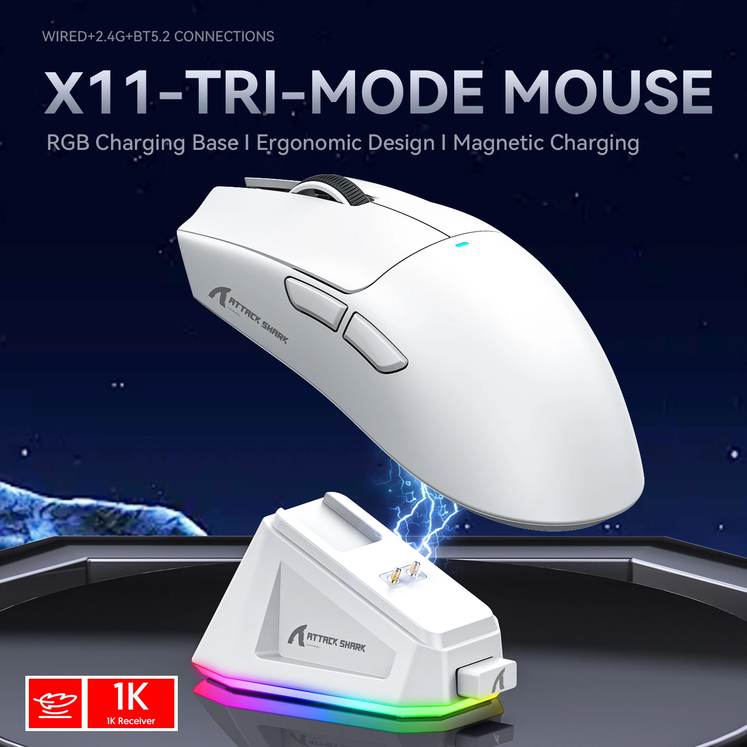 Mouse wireless ATTACK SHARK X11 PAW3311, mouse da gioco ultraleggero con dock di ricarica magnetico touch tri-modale da 2,4 GHz/cablato/bluetooth