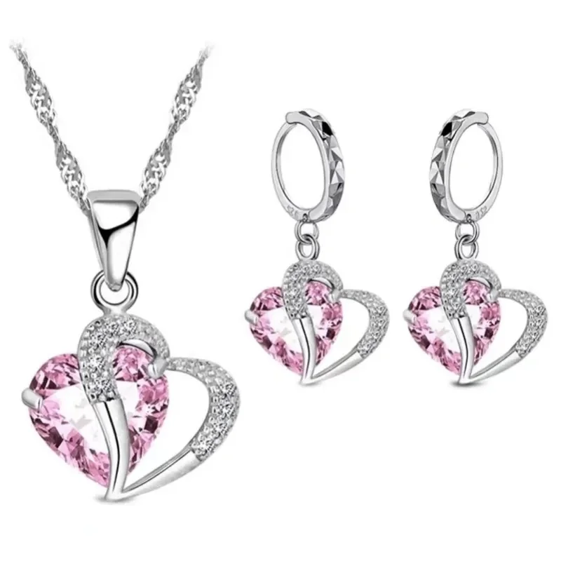 Set of 2 Metal Heart Blue Glass Stone Necklace Earrings Set Hallow Out Heart Charm Clear CZ Pink Red Black Gemstone Jewelry Set image 3