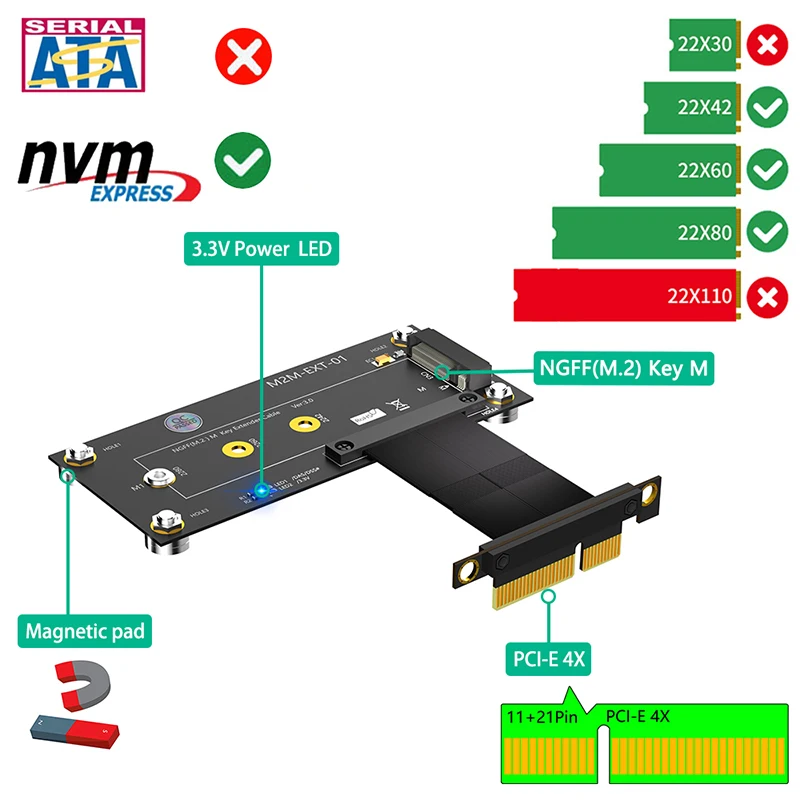 마그네틱 패드 익스텐션 케이블 확장 보드, M.2 NVME 키 M-PCI 익스프레스 X4, 2230 2242 2260 2280 M2 NVME SSD 지원, 10cm