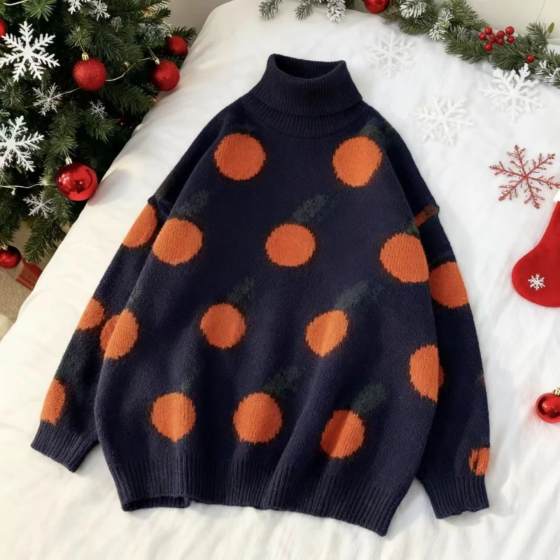 

DAYIFUN женские темно-синие рождественские свитера контрастного цвета с высоким воротом и вышивкой вязаный пуловер осенняя мода женский свитер