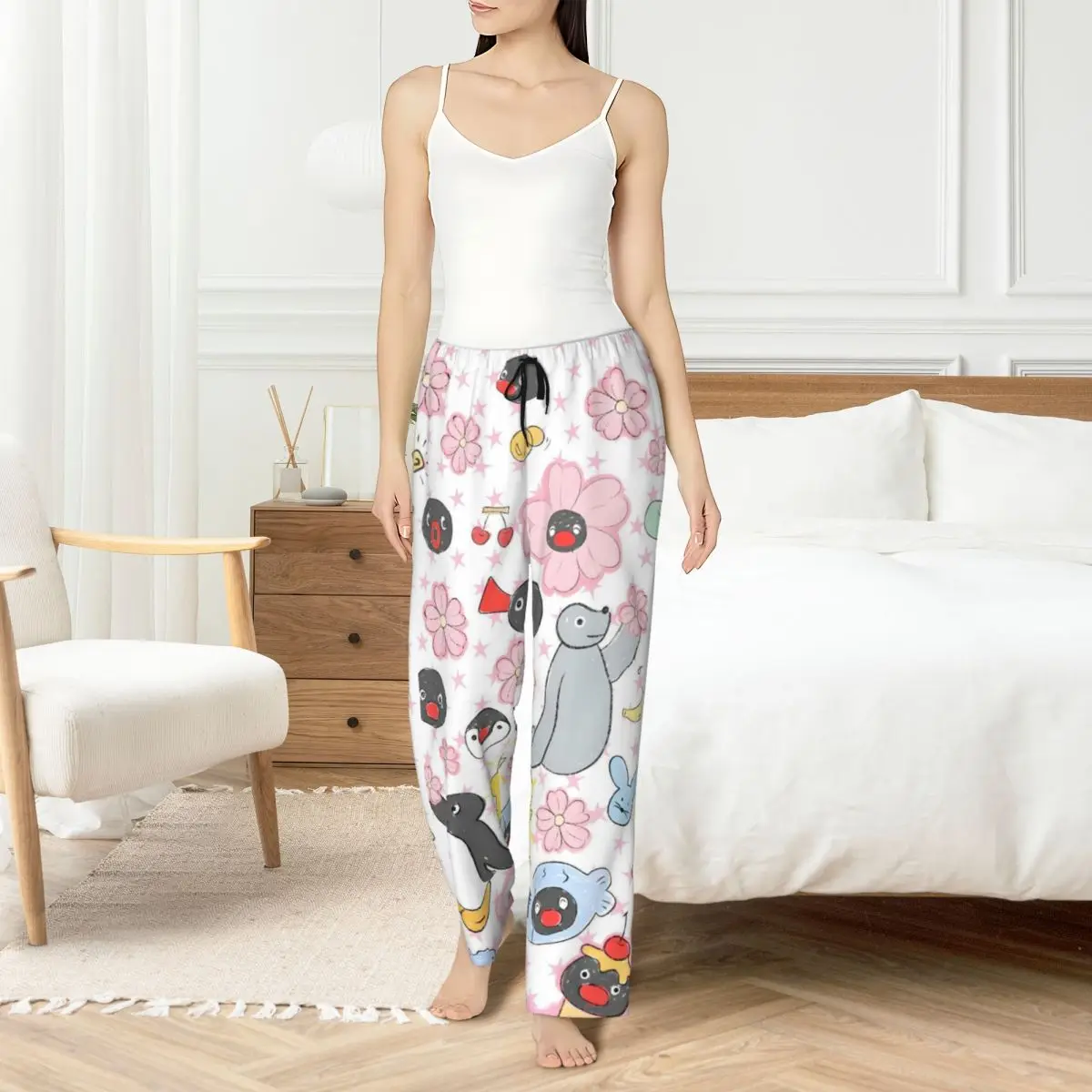 

Custom Printed Noot Noot Pingu Pajama Pants for Women Penguin Merch Sleep Sleepwear Bottoms with Pockets