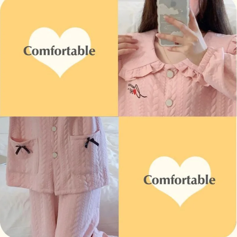 2023 New Thickened Cotton Pajamas Women Pure Cotton Loungewear Autumn Winter Sweet Sleepwear Air Layer Falbala Homewear Set