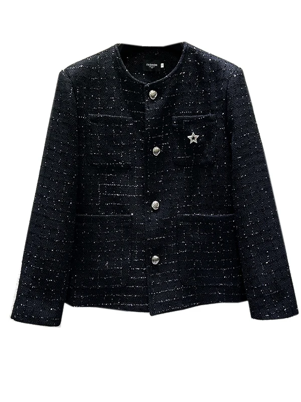 2025 Men's New High-End Light Luxury Sequin Plaid Woven Small Fragrant Tops Men's Fashion Loose Padded Shoulder Chic Jacket Coat