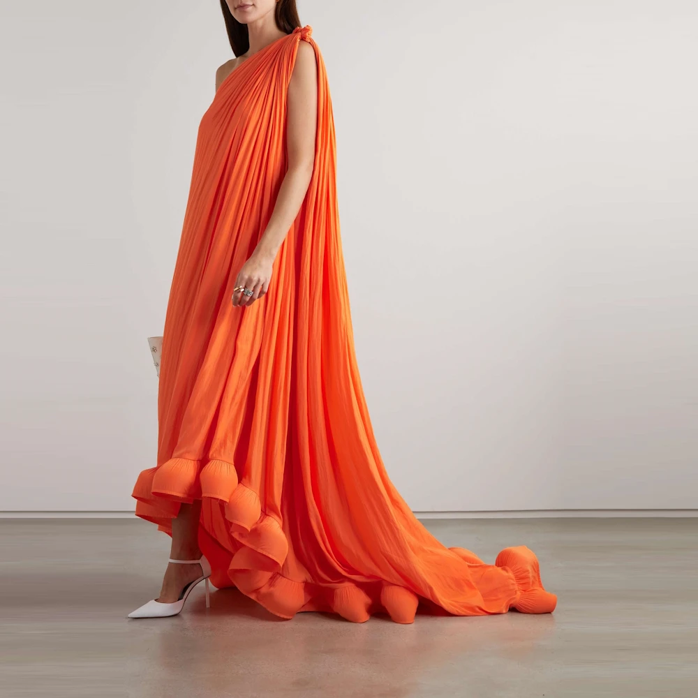 Muloong Orange One Shoulder Maxi Dress Ruffles Floor Length Classic Evening Dress 2023 Pleated Saudi Aribia Party Dress