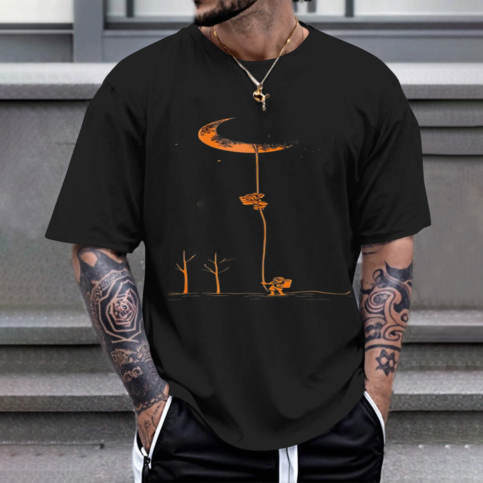 Herren-T-Shirt Moon Tree Cat Ladder Night, perfekt für Freizeitkleidung, Partys und Karnevalsoutfits