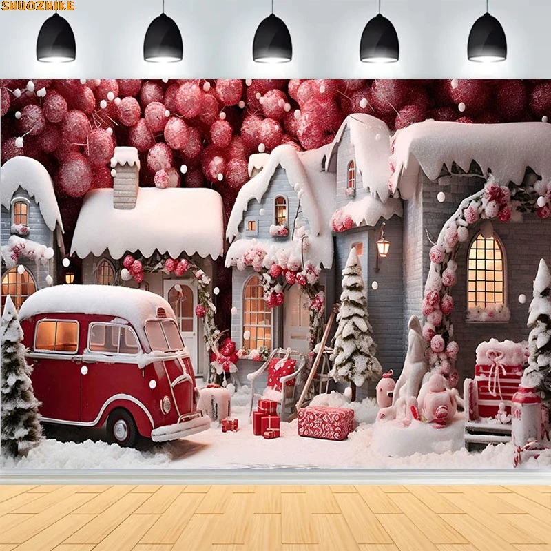 

Christmas Day Wreath Family New Year Party Photography Backdrops Prop Window Living Room Xmas Tree Gift Snow Background BV-33