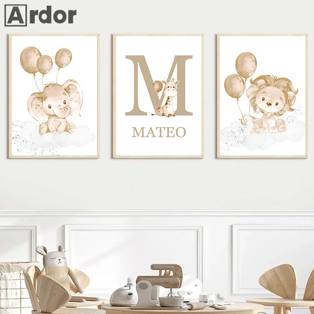 Cartoon Lion Elephant African Animals Clouds Nursery Poster Print Canvas Painting Beige Wall Art Picture Baby Bedroom Home Decor