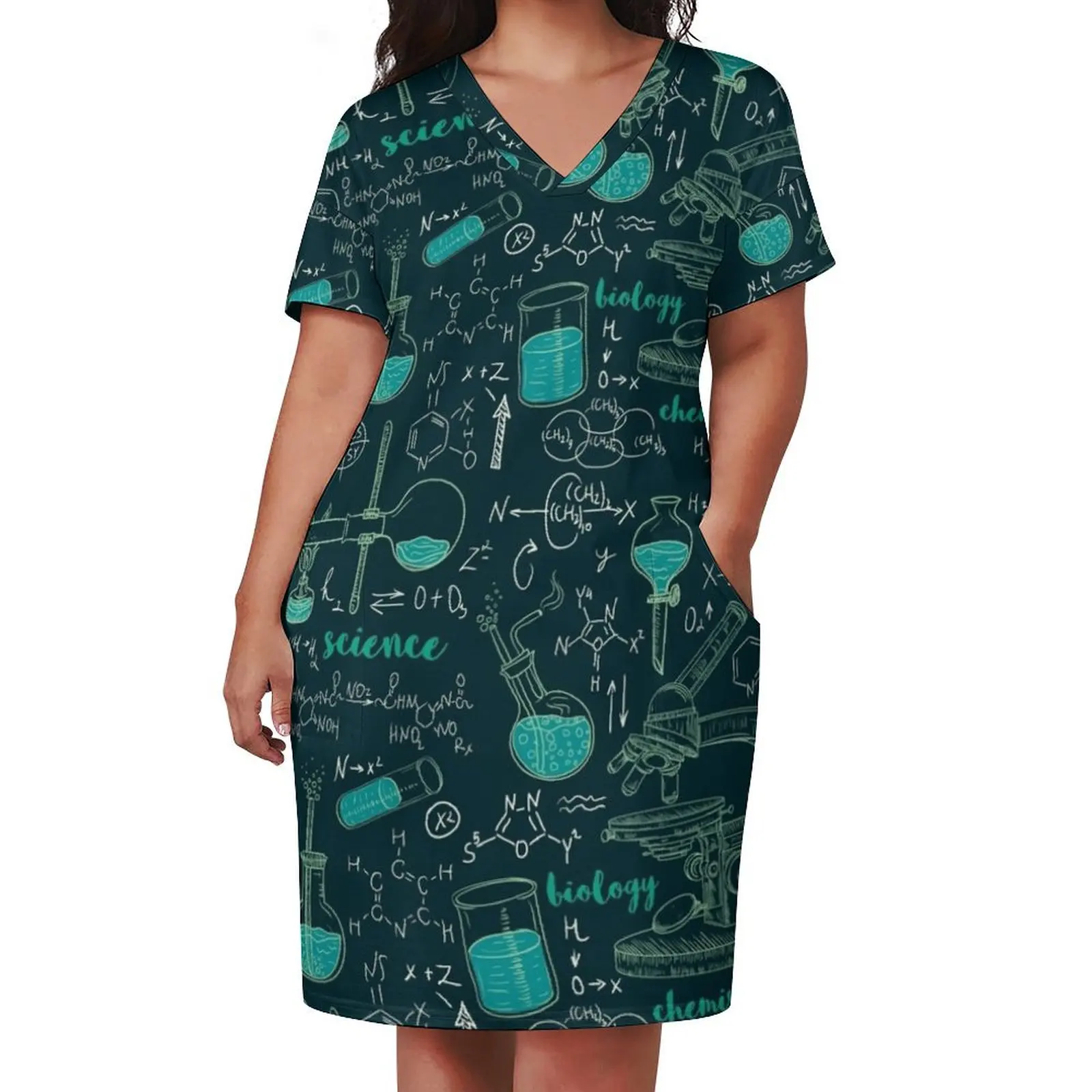 Vintage seamless pattern old chemistry laboratory with microscope, tubes and formulas. Loose Pocket Dress summer clothes