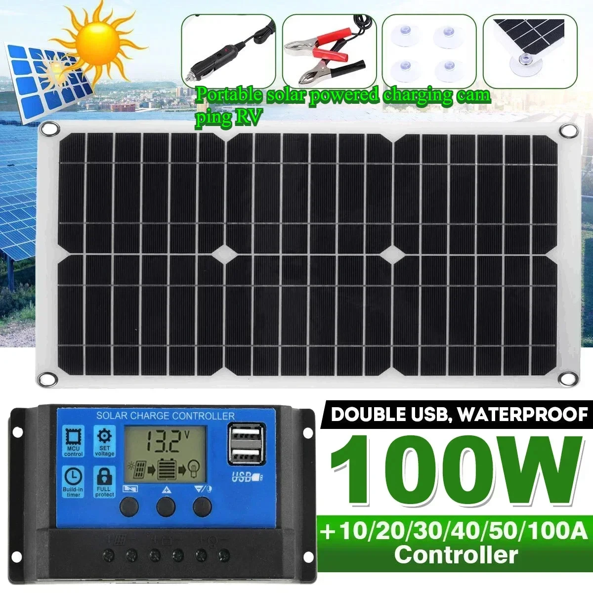 100W Solar Panel Kit Complete Dual 12V/5V DC USB Port With 60A Solar Controller Solar Cells for Car Yacht RV Battery Charger