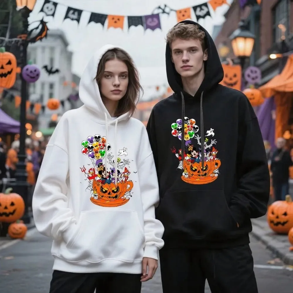 

Disney Halloween Pumpkin Coffee Cup Mickey and Friends Print Unisex Hoodie Adult Casual Pullover Warm Sweatshirt Costume Apparel