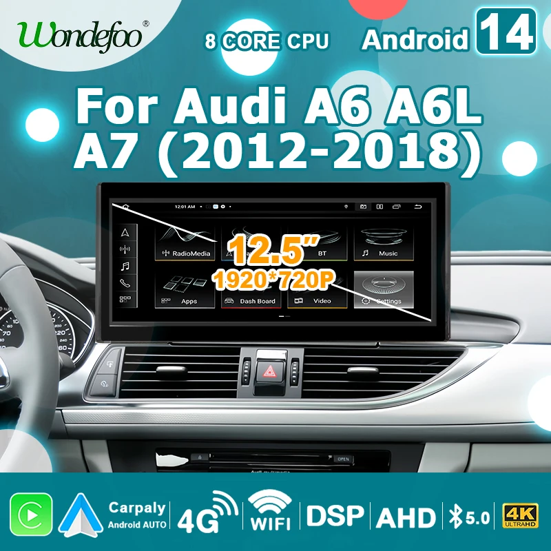 12.5'' Screen Car Radio Carplay Android 14 Auto For Audi A6 2012-2018 2 din autoradio Stereo Bluetooth Multimedia player 4G LTE