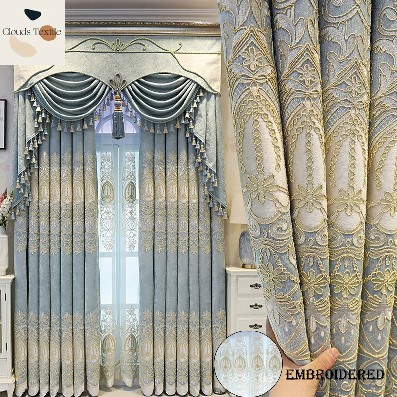 

European-Style Embroidered Luxury Blue Curtains for Living Room Bedroom Windows Valance Tulle Embossed Curtains Customize