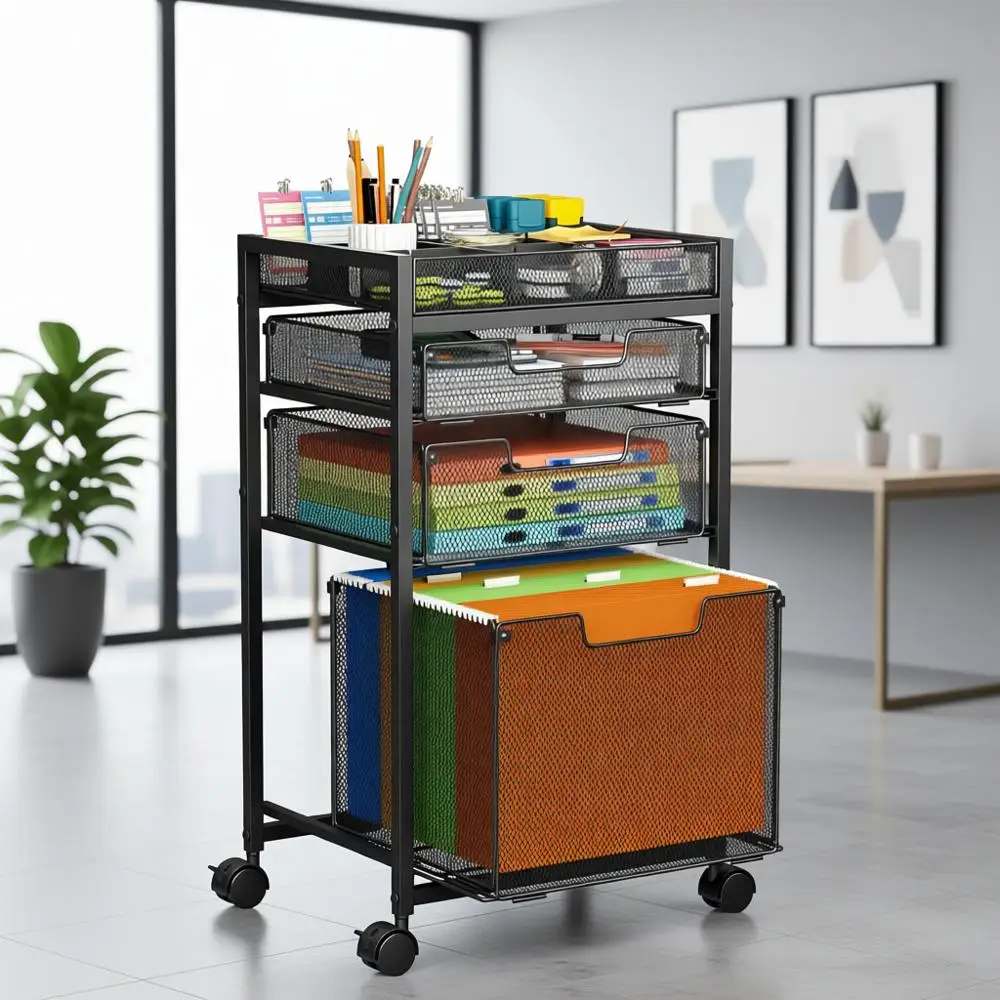 

Тележка для хранения с 3 полками, выдвижным ящиком под столом и подвесным органайзером для формата А4, черная
