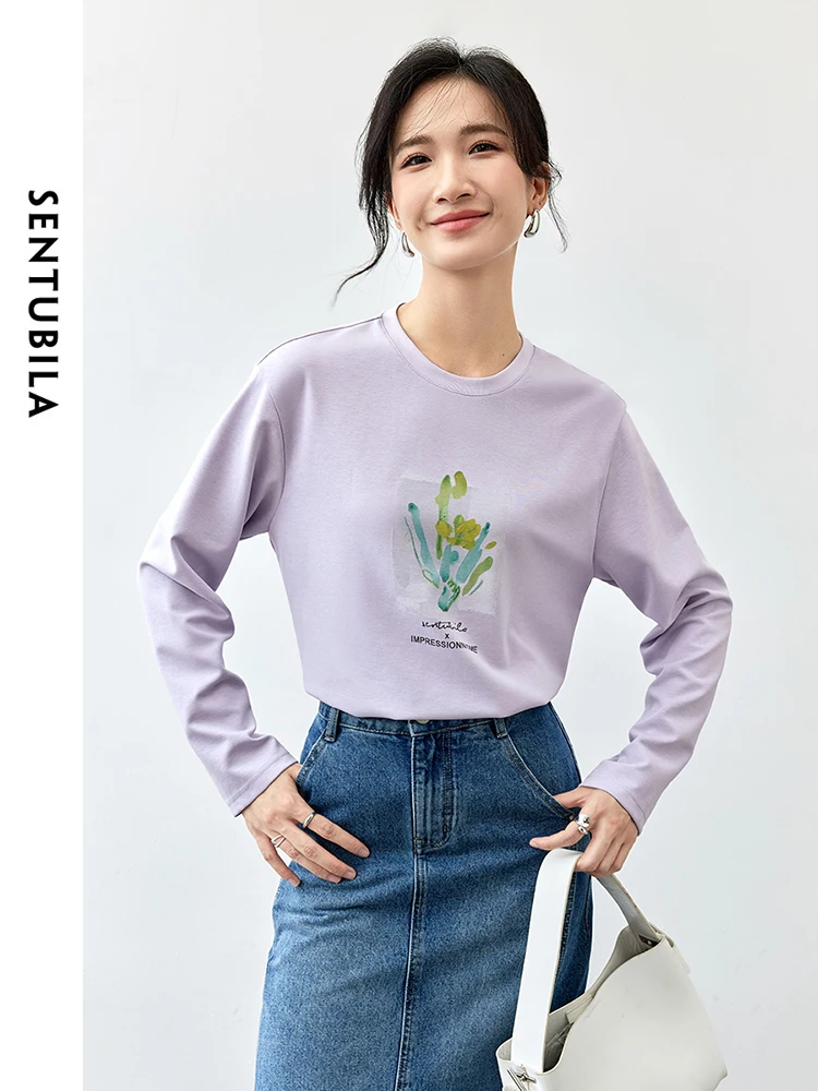 SENTUBILA Casual Letter Printing Cotton Sweatshirt for Women 2024 Autumn Knit Round Neck Long Sleeve Simple Women Top 143T56706