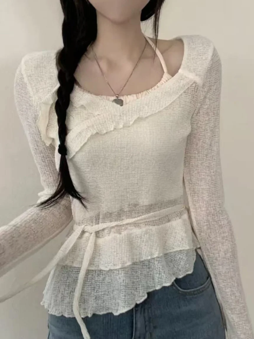 

Корейский вязаный комплект из двух предметов: женская футболка и топ с рюшами по низу, новая весенняя коллекция, приталенный крой, 100% полиэстер