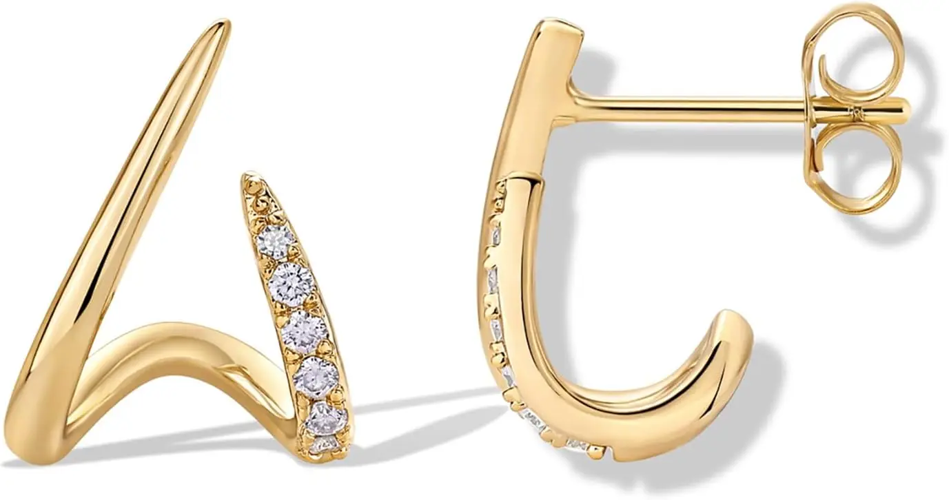 14K Gold Plated Stud Earrings for Women - Minimalist Gold Huggie Hoop Earrings with Round Cubic