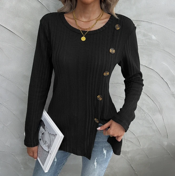 

Women's fashionable temperament long sleeved 2024 autumn new casual solid color round neck slit button long sleeved top