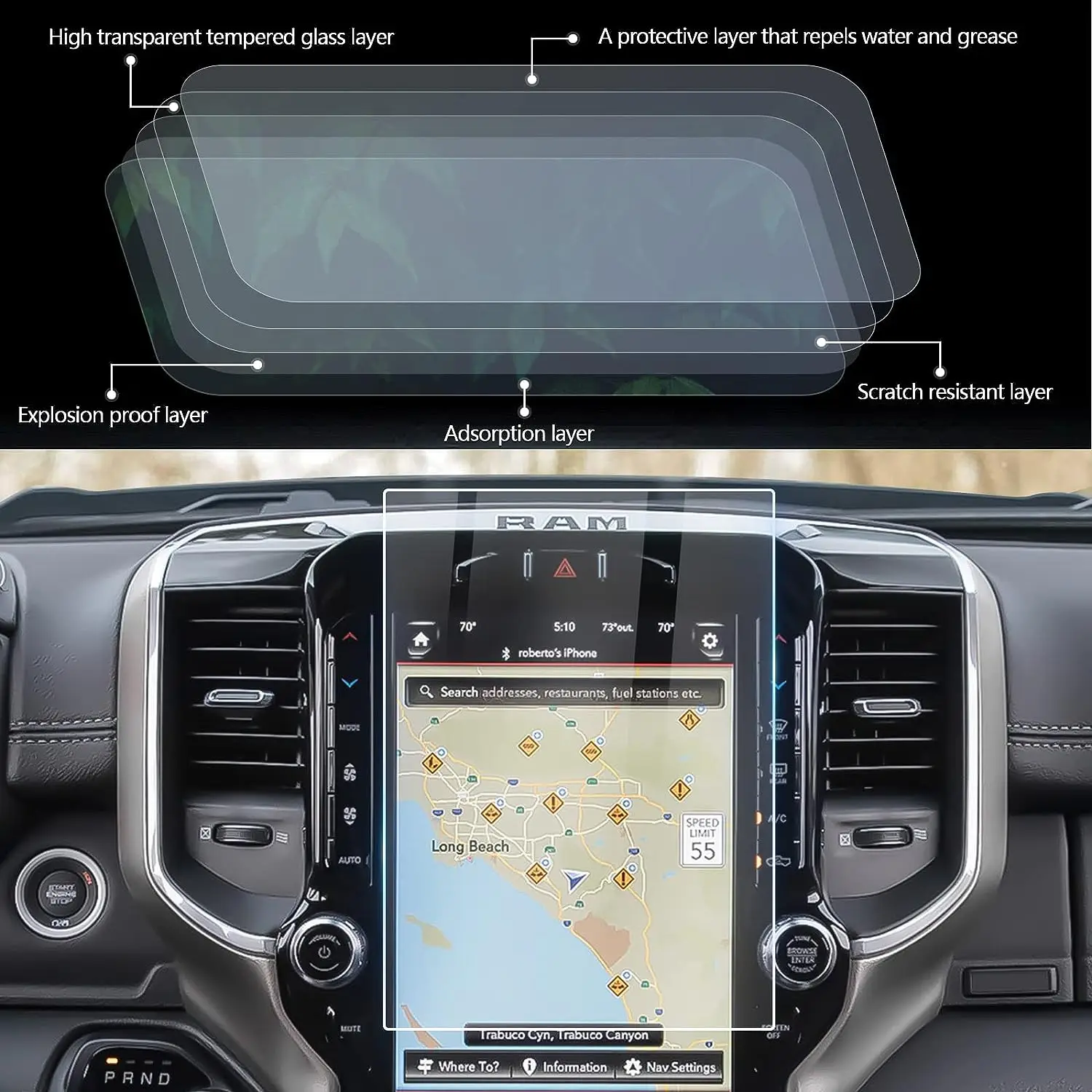 For Ram 1500 2500 3500 TRX Uconnect 2019-2022 12 Inch Car Navigation Tempered Glass Touch Screen Protector