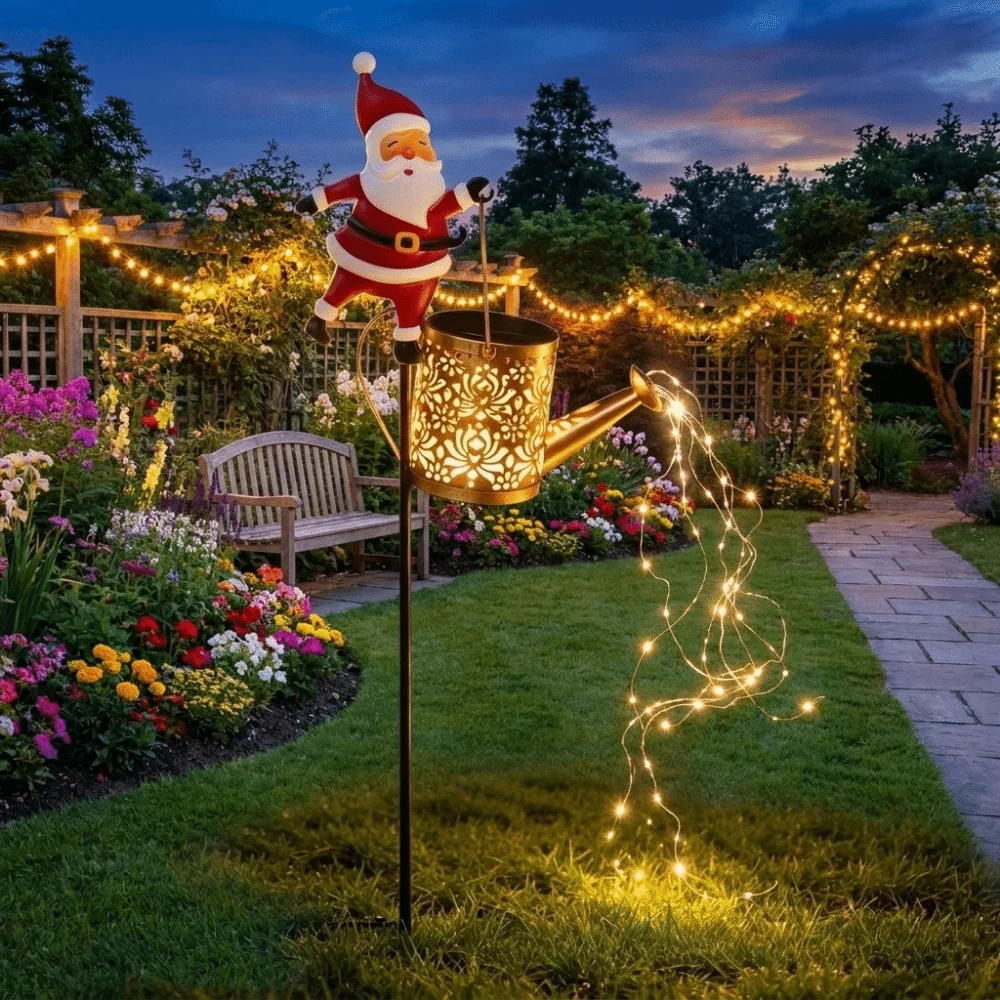 Solar Powered Christmas Solar Light Waterproof Weather Resistant Santa Claus Light Decorative Design Watering Can Shape
