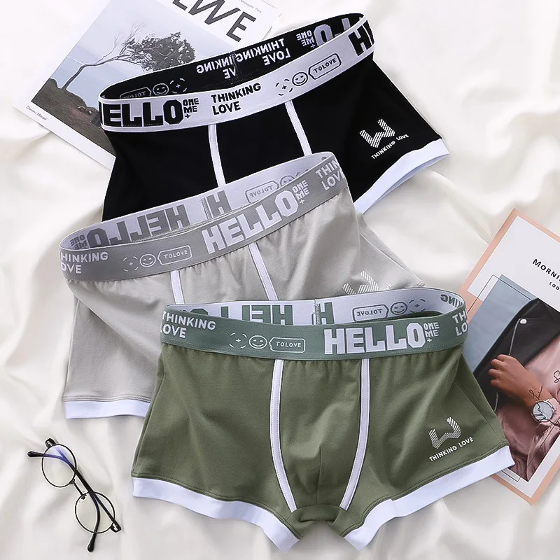 3PCS Men Cotton Boxer Shorts Panties Soft Letter Belt Breathable Fashion Sports Men Boxer Mid-waist Four Corner Pants Size L-3XL