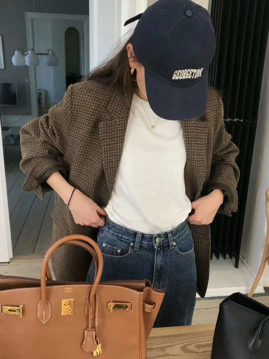 

Candy Miss Korean Sle Ounce Retro Briti Brown Loose Slimming Casual Woolen Suit Jaet Commute Sle Long Sve Plaid