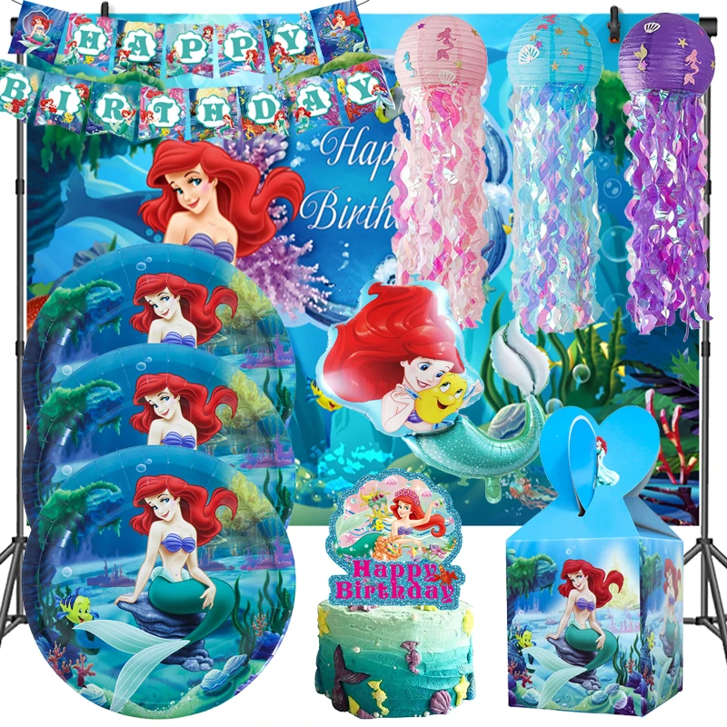 Disney Mermaid Princess Theme Decor Sea's Daughter Paper Plates Cups Banner Balloons Girls Birthday Baby Shower Party Supplies