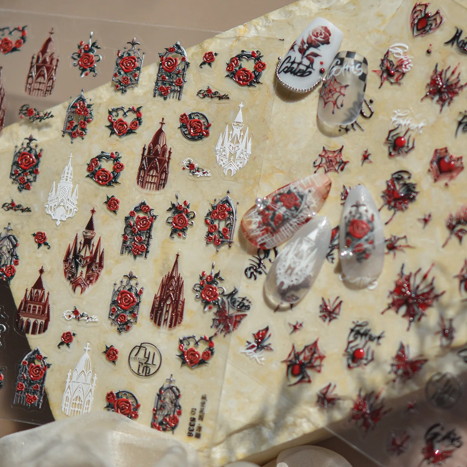 Terror Castillo Rosa flores ventana mariposa telaraña amor corazón Halloween negro oscuro Y2K cráneo fantasma pegatinas para decoración de uñas calcomanías