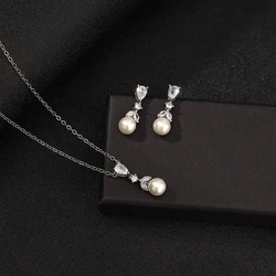 Pearl cube zirconia necklace earrings set, prom costume jewelry gifts