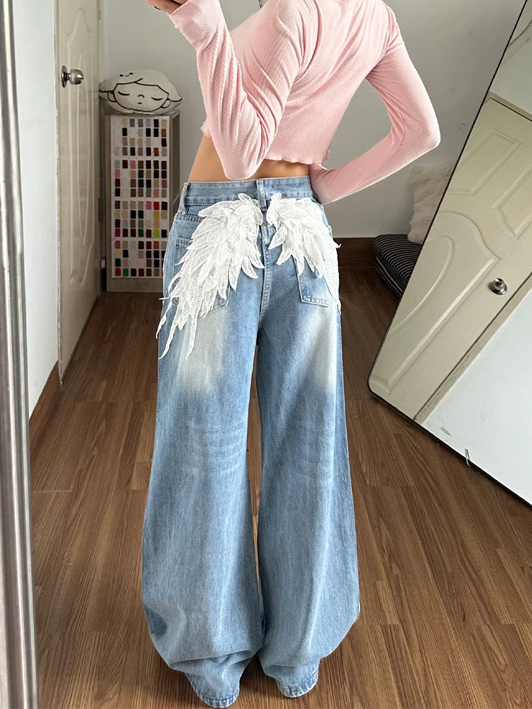 

American High Street Design Sense Rhinestone Hole Denim Jeans Women Summer Spicy Fashion Embroidery Floor-Length Pants
