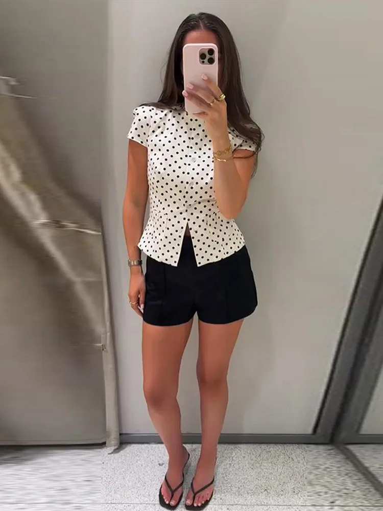 Wave Point Women's Slim Shirt Summer O-neck Short Sleeve Single-breasted Female Top 2026 Fashion Pocket Lady T-shirts New