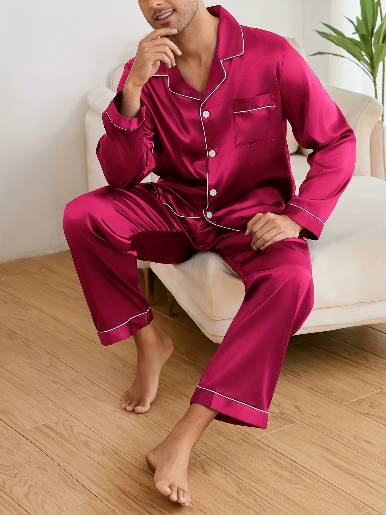 

1 Set of Men's Long Sleeve Rayon Pajamas, Men's Loungewear, Solid Color Autumn/Winter Pajamas Set Nightwear Sleepwear Homewear