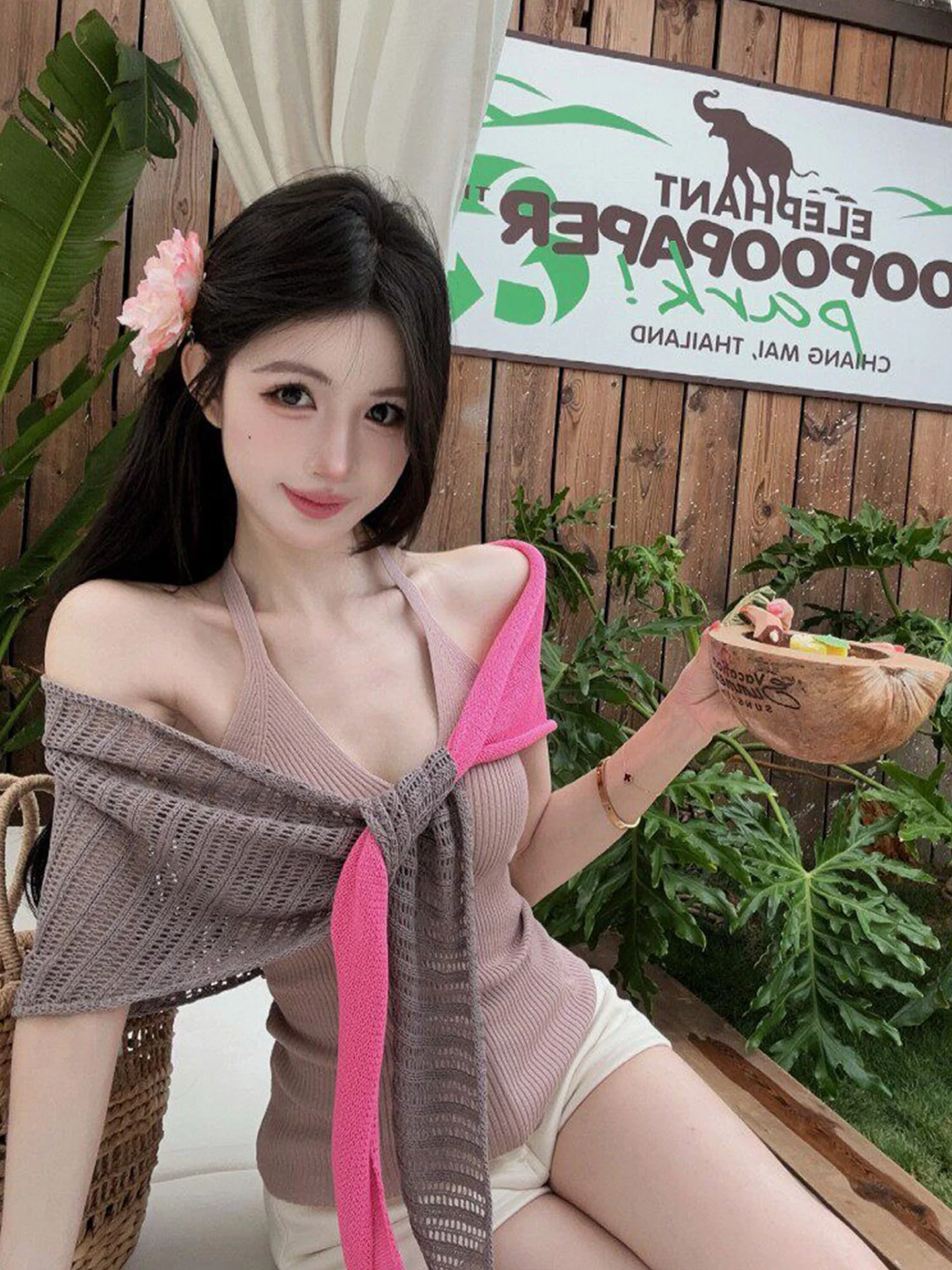 

Pink Knitted Halter Neck Vest Women's Summer Sexy Beautiful V-Neck Tube Top Two-Piece Set Top Korean Style Slim Fit High Waist
