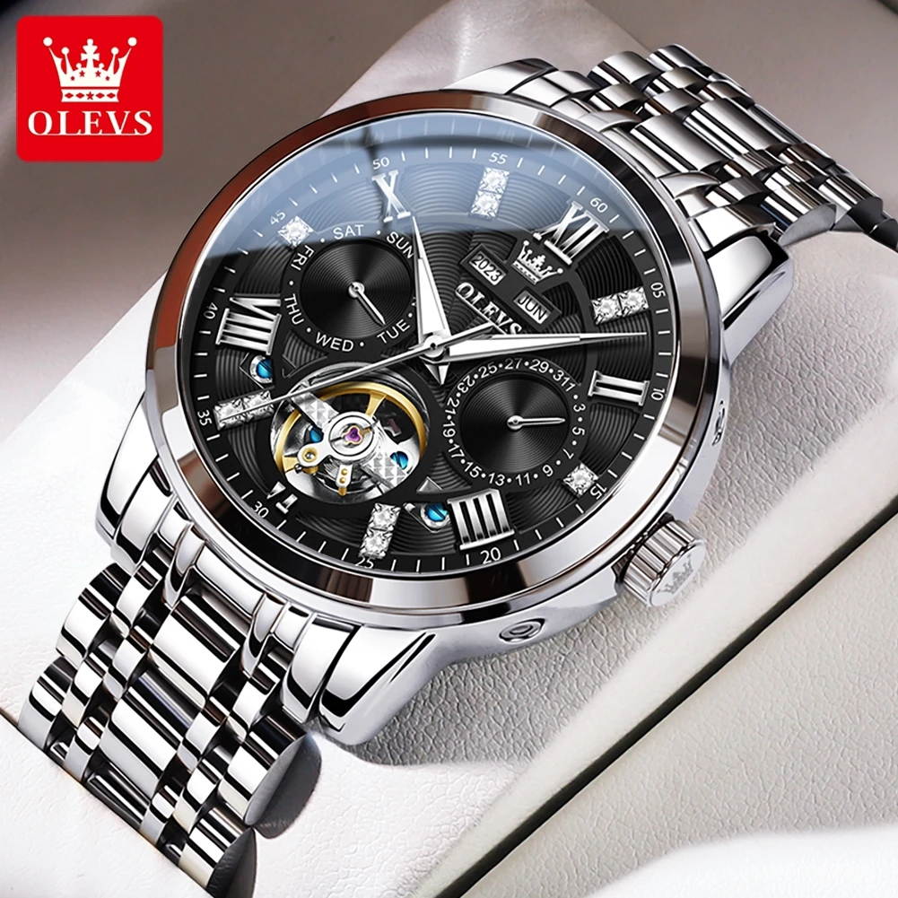 

OLEVS Brand Fashion Mechanical Watch for Men Stainless Steel Waterproof Luminous Hands Week Calendar Luxury Tourbillon Watches