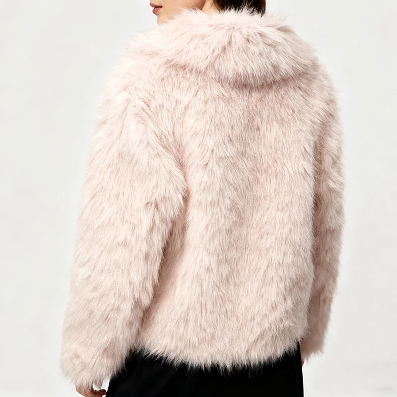 معطف نسائي دافئ من الفرو الصناعي بياقة مقلوبة وأكمام طويلة سترة عصرية فاخرة للشتاء سترات وردية سميكة ملابس خارجية