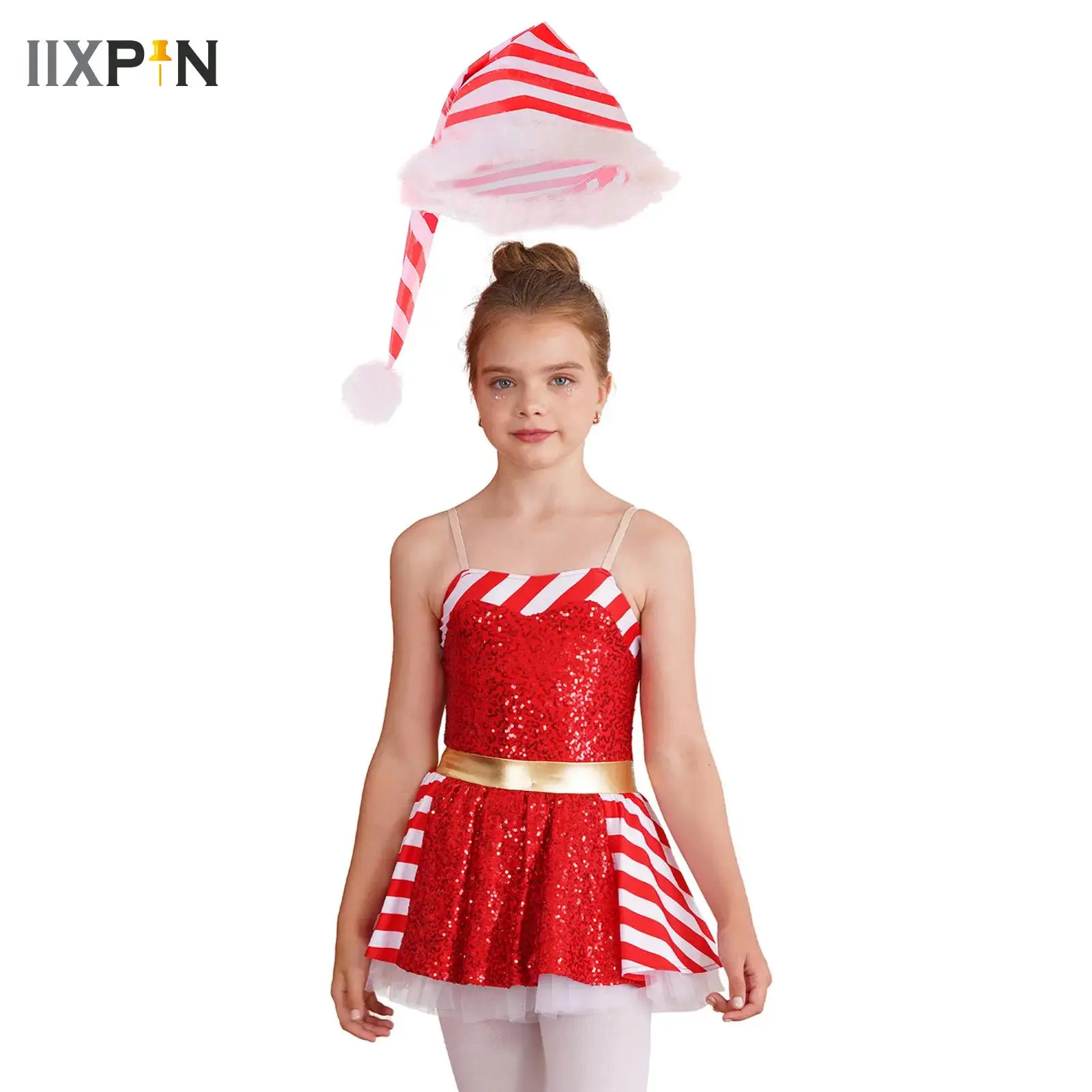 

Kids Girls Candy Cane Christmas Elf Dance Tutu Dress Shiny Sequins Xmas Santa Claus Costume Ballet Figure Skating Dress with Hat