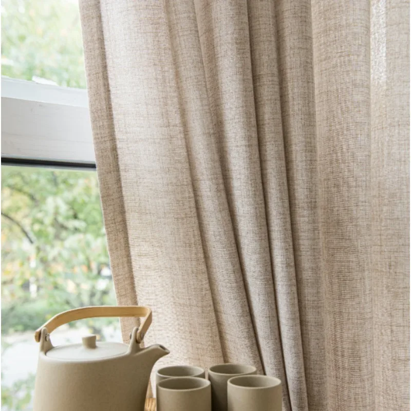 Simple Pastoral Style Linen Brown Linen Light-transmitting Opaque Curtains Living Room Bedroom Balcony Blackout Curtains