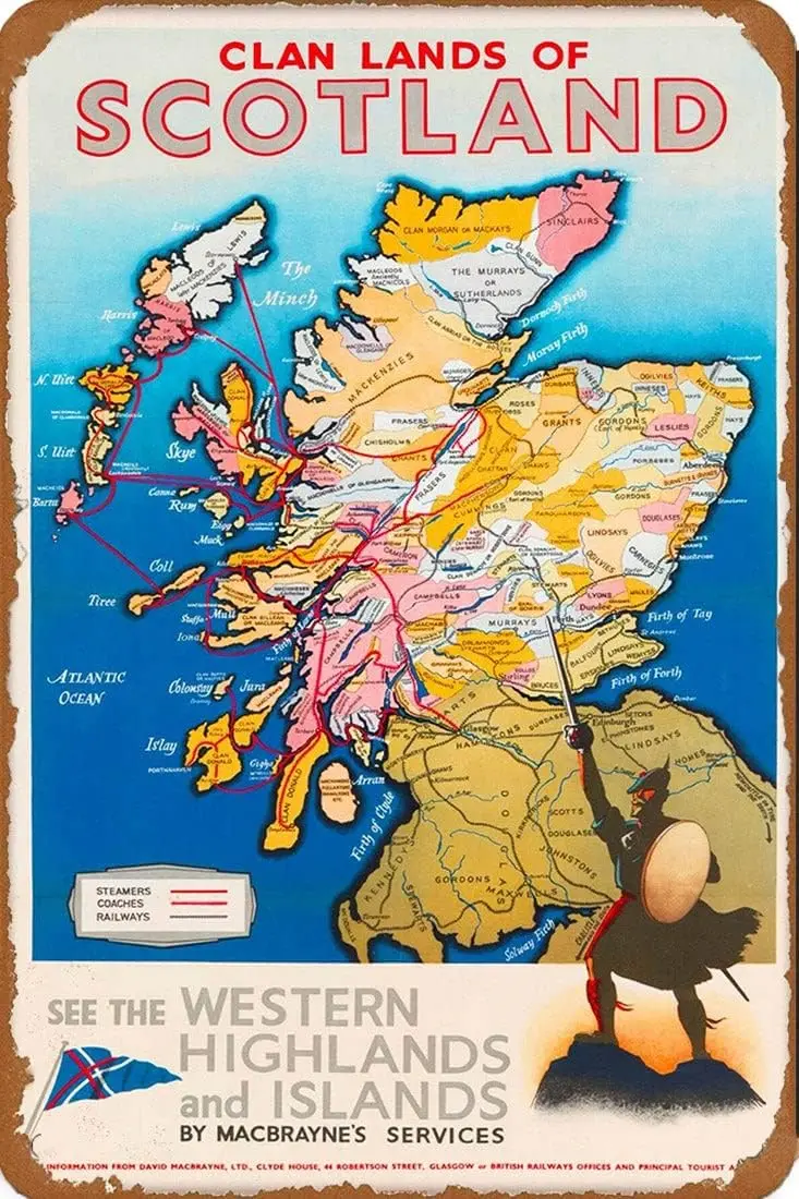 الرجعية المعادن المشارك خمر تين تسجيل لوحة معدنية عشيرة أرض اسكتلندا خريطة بريطانيا العظمى خمر إعلان السفر طباعة رجل