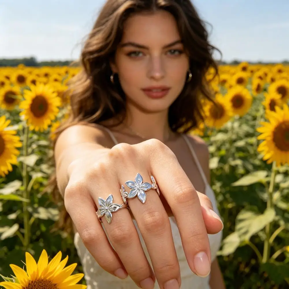 Feminine Flower Jewelry Minimalist Flower Shape Middle Finger Ring Adjustable Stainless Steel Band Women’s Open Texture
