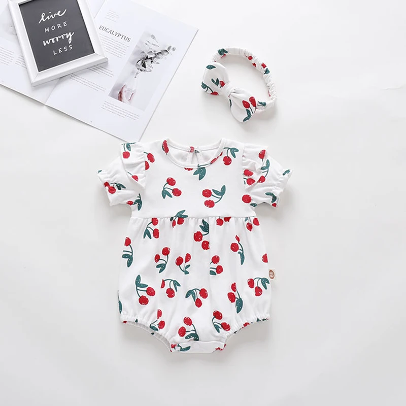 Summer New Baby set Dress Girl Baby Short Sleeve Dress with Headband Girl Flower Bubble Sleeve Clothes Sweet Bowknot Loose Cute