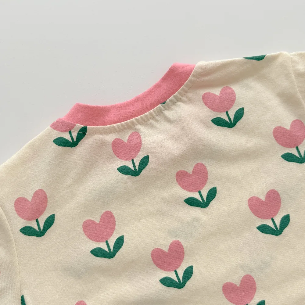 Летняя одежда для девочек от 0 до 2 лет, детские комбинезоны с короткими рукавами, розовые комбинезоны с принтом тюльпанов, наряд для маленьких девочек