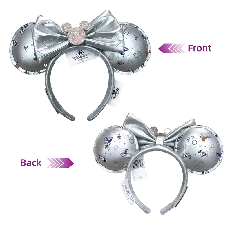 2024 Disney Mickey Mouse Ear Headband Silver 100th Anniversary Minnie Hair Hoop Birthday Gift Adult/Child Cosplay Accessories