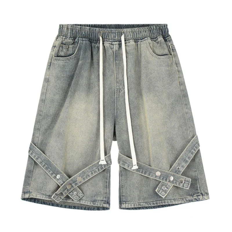 Hi Street Vintage Ribbons Patchwork Denim Shorts 2023 Summer Harakuju Jeans Shorts For Male Elastic Waist